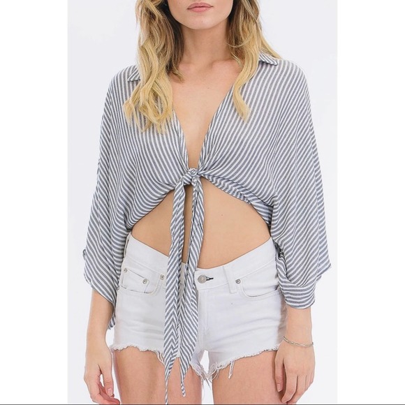 Olivaceous Lulus Blue White Striped Tie Front Plunging Neck Blouse Cover Up - Picture 4 of 7